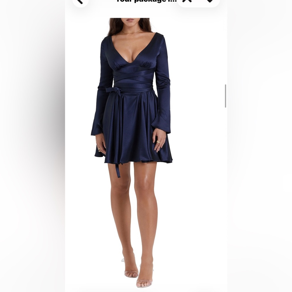 House of CB Navy Blue Long Sleeve Wrap Mini Dress